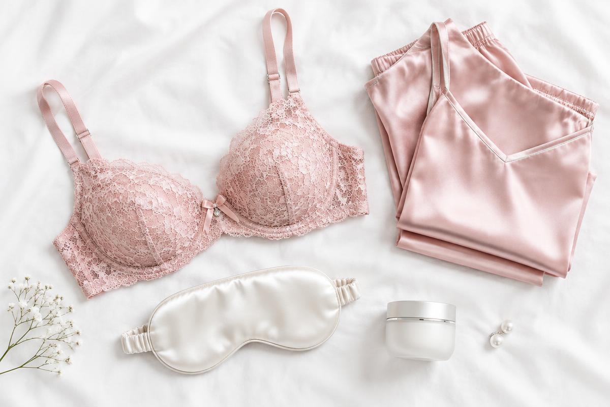 Pink lace bra, satin sleepwear and unbranded beauty essentials